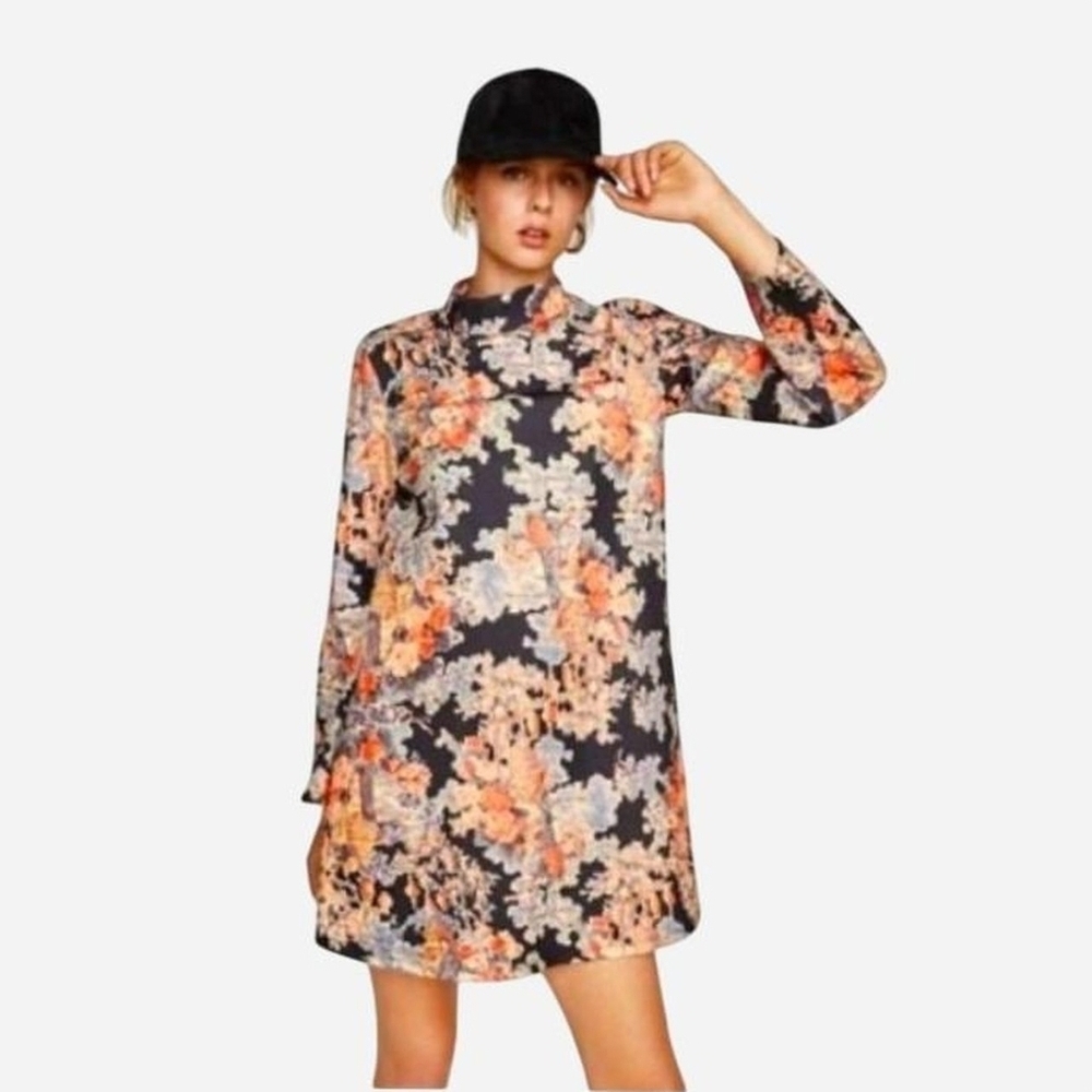 Zara Black and Orange Floral Long Sleeve Dress